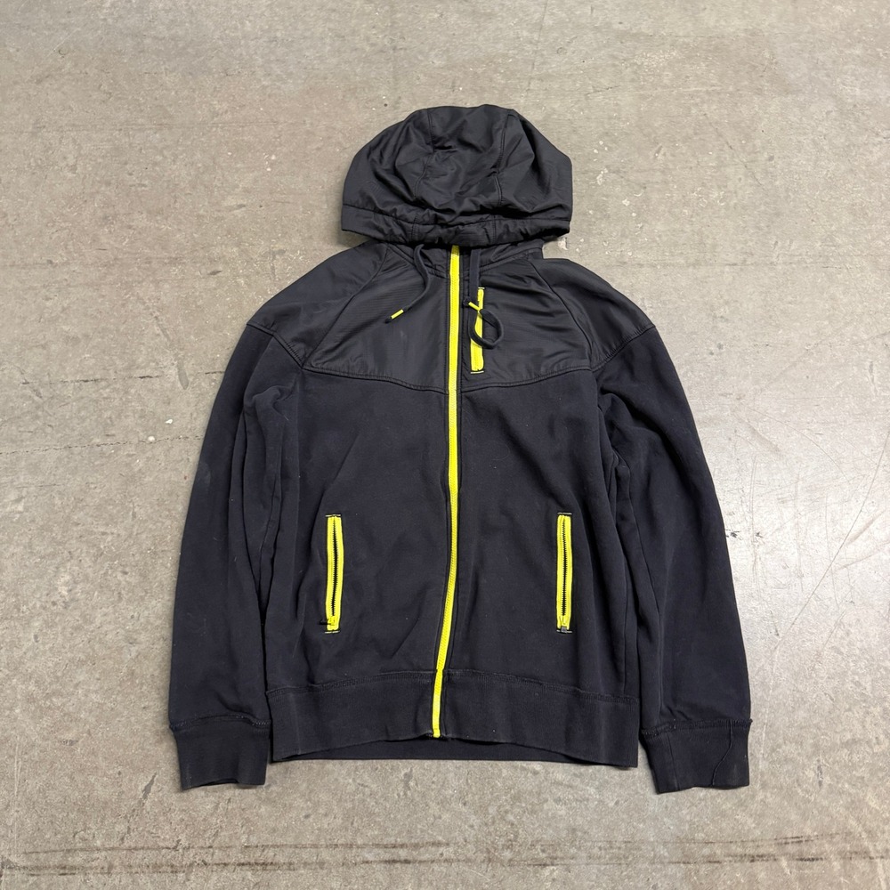 Aeropostale Mens Full Zip Hoodie Black Neon Yellow Mixed Media Sweatshirt L‎